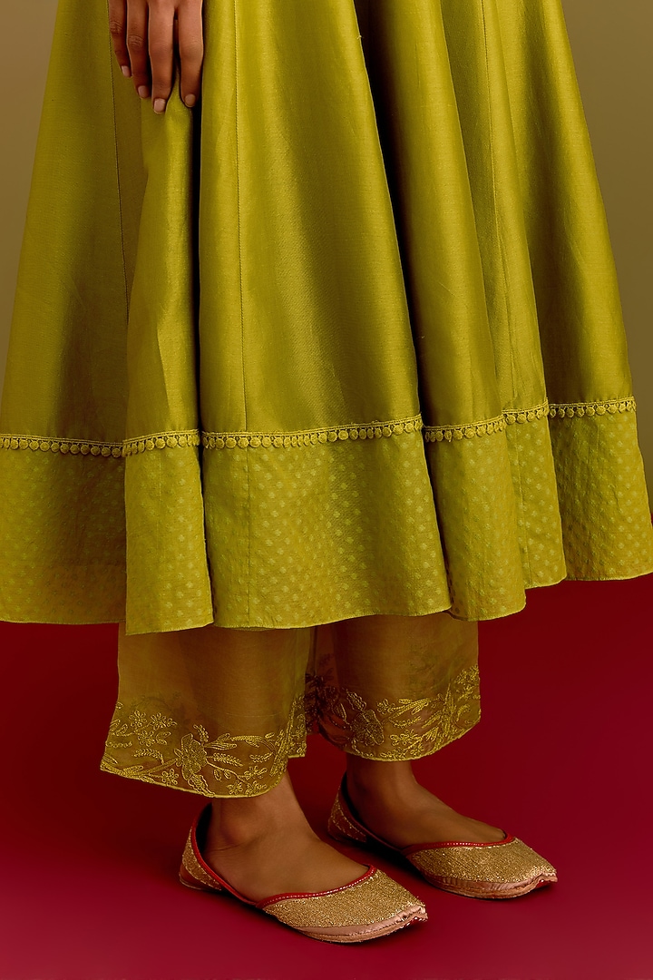 Green Cotton Silk Satin Dori Embroidered Wedding Anarkali Set by Devnaagri at Pernia's Pop Up Shop