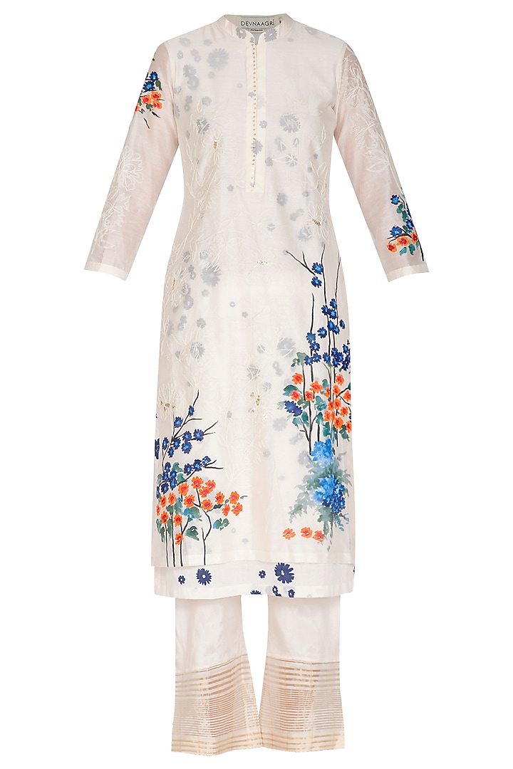 Off White Hand Painted & Embroidered Kurta Set by Devnaagri