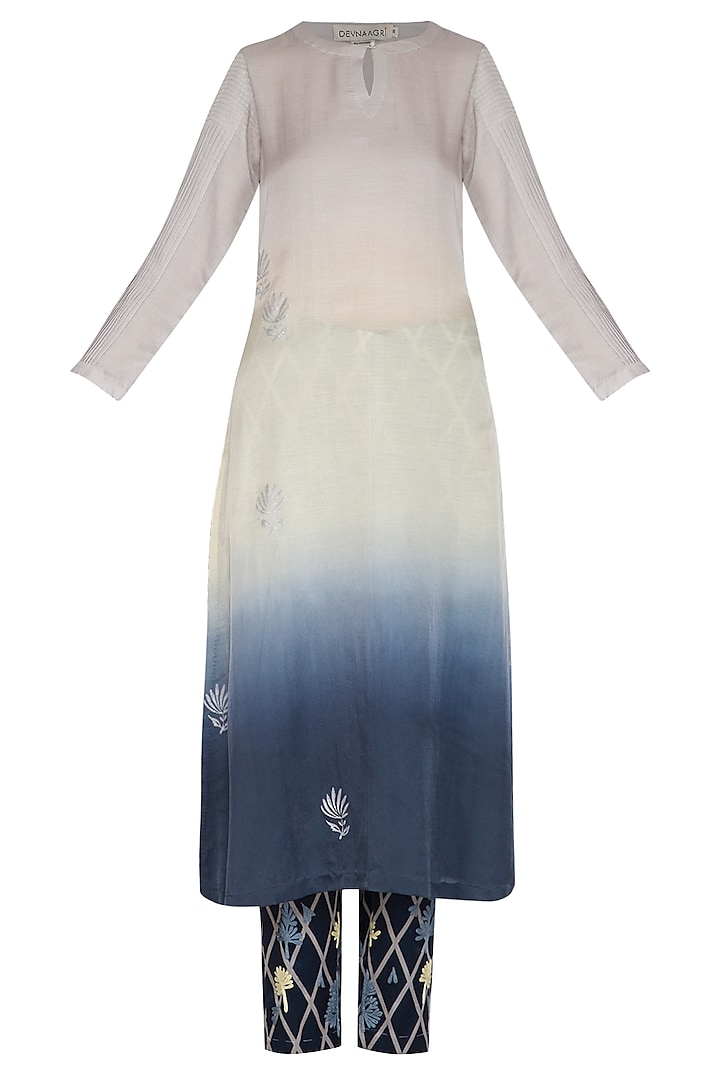 Blue Embroidered & Printed Ombre Kurta Set by Devnaagri
