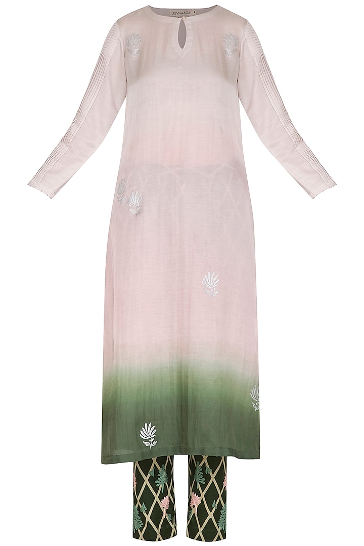 Green Embroidered & Printed Ombre Kurta Set by Devnaagri