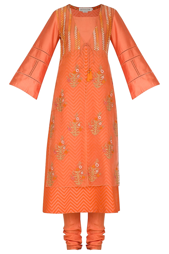 Orange Embroidered Printed Kurta Set by Devnaagri