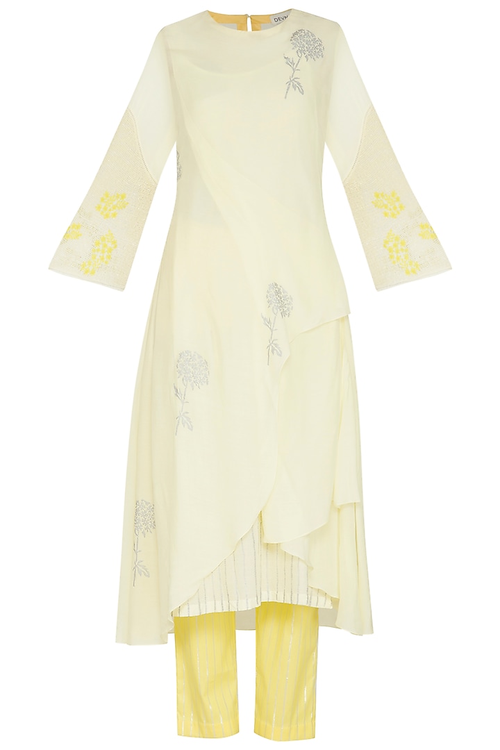 Lemon Yellow Embroidered Printed Kurta With Pants by Devnaagri at Pernia's Pop Up Shop