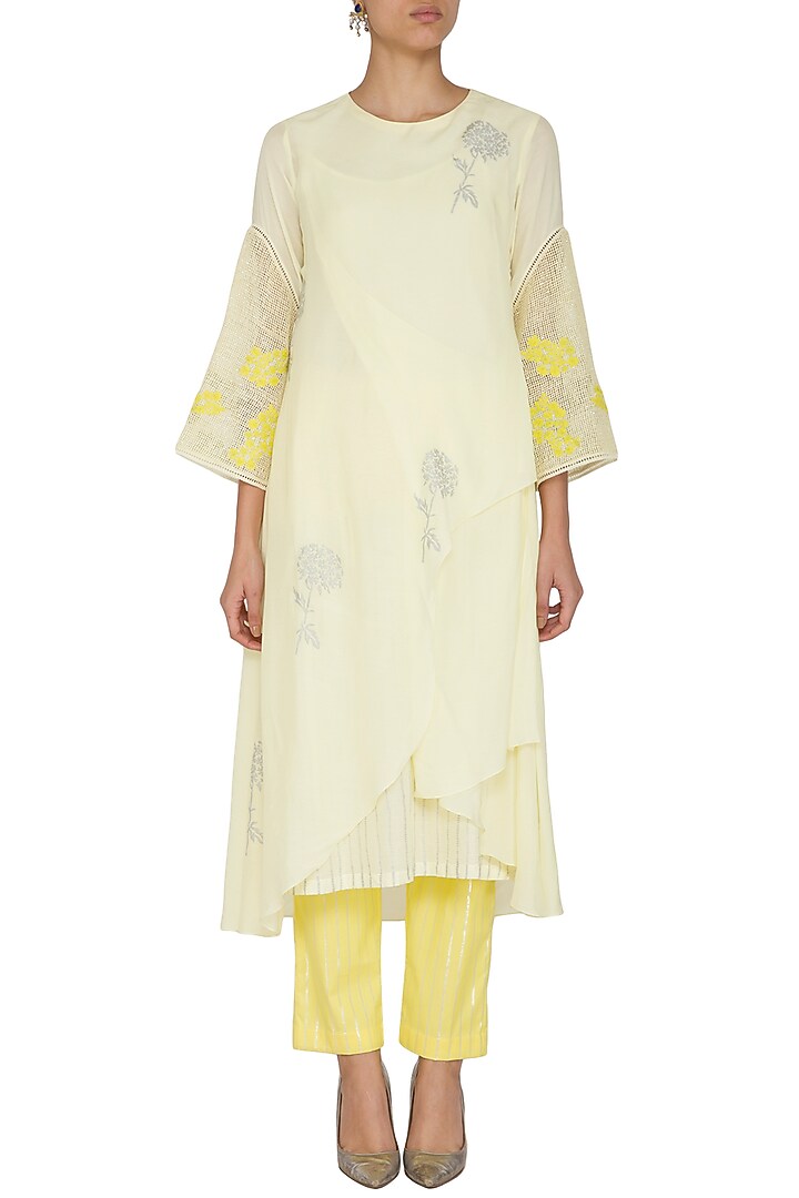 Lemon Yellow Embroidered Printed Kurta With Pants by Devnaagri at Pernia's Pop Up Shop