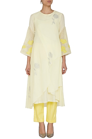 Lemon Yellow Embroidered Printed Kurta With Pants by Devnaagri