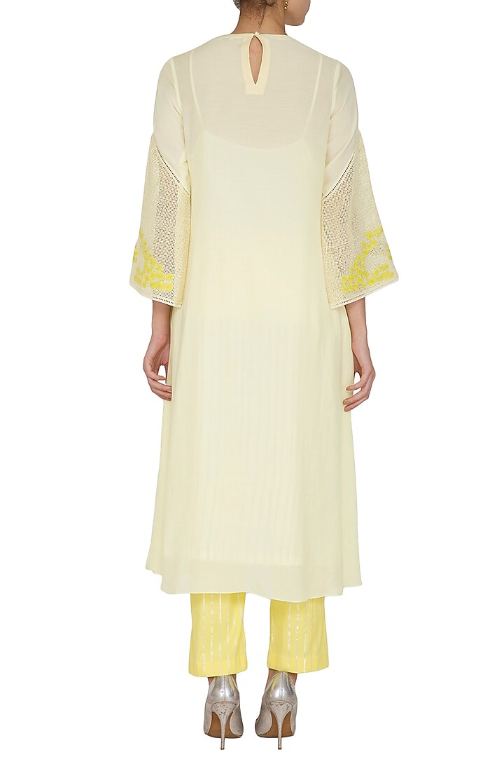 Lemon Yellow Embroidered Printed Kurta With Pants by Devnaagri at Pernia's Pop Up Shop