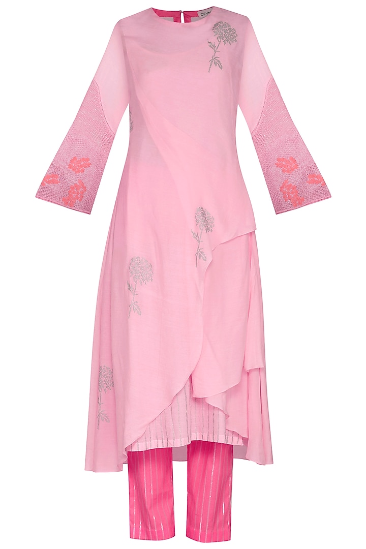 Pink Embroidered Printed Kurta With Pants by Devnaagri