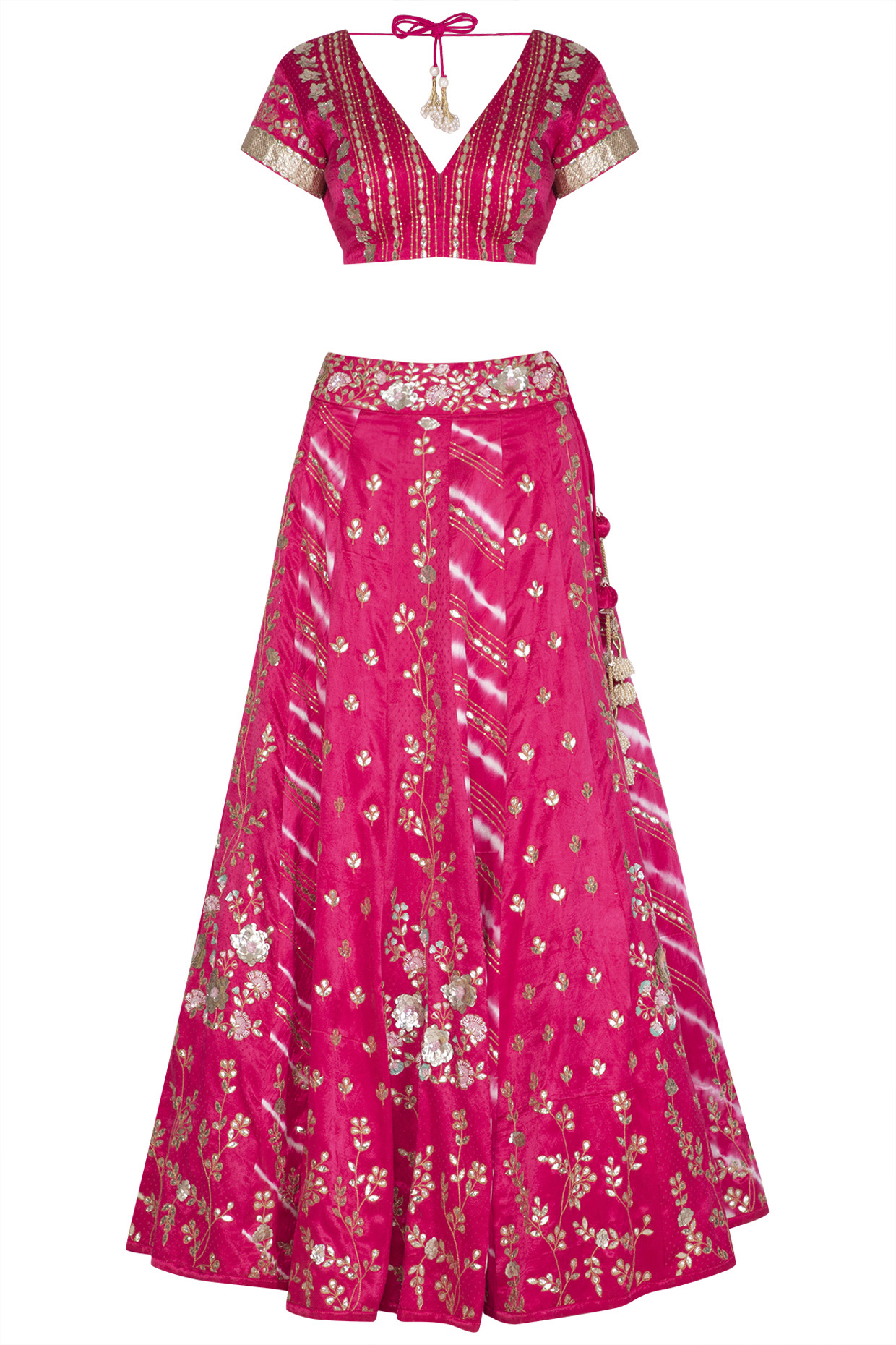 Fuchsia Embroidered Leheriya Bridal Lehenga Set by Devnaagri at Pernia's Pop Up Shop