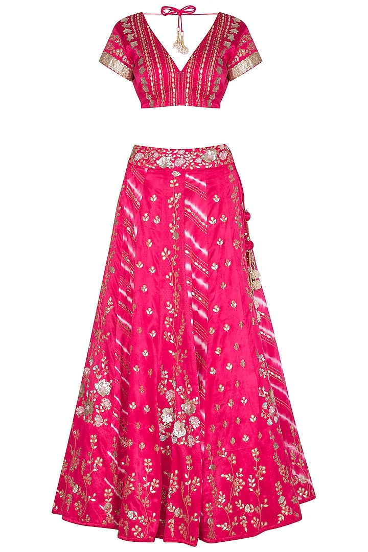 Fuchsia Embroidered Leheriya Bridal Lehenga Set by Devnaagri at Pernia's Pop Up Shop