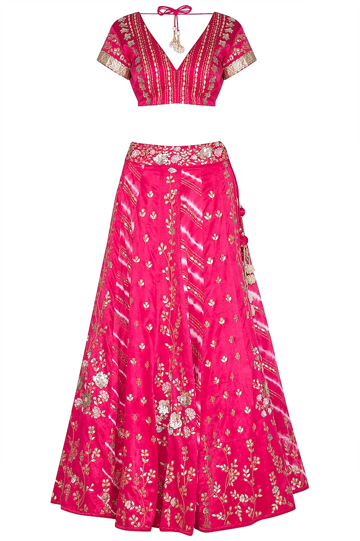 Fuchsia Embroidered Leheriya Lehenga Set by Devnaagri