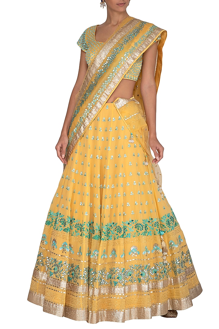 Yellow Embroidered Bridal Lehenga Set by Devnaagri at Pernia's Pop Up Shop