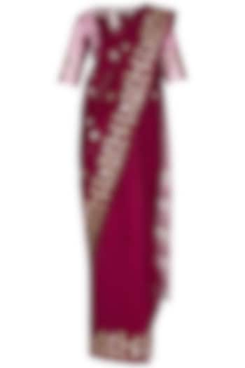 Red Plum Embroidered & Tie-Dyed Saree Set by Devnaagri