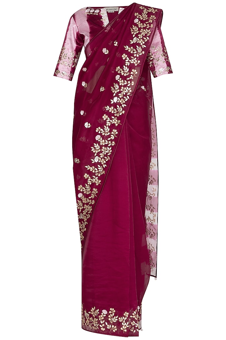 Red Plum Embroidered & Tie-Dyed Saree Set by Devnaagri