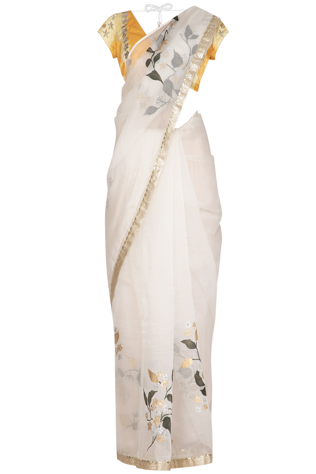 Ivory Hand Painted & Embroidered Saree Set by Devnaagri