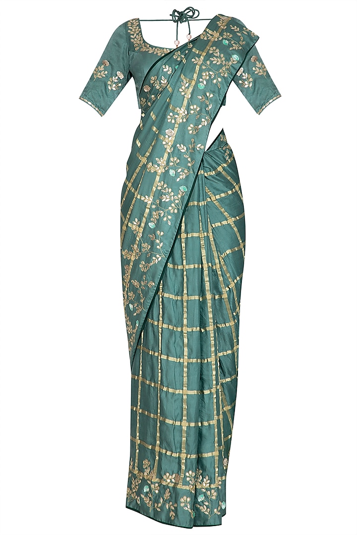 Emerald Green Embroidered Checkered Saree Set by Devnaagri