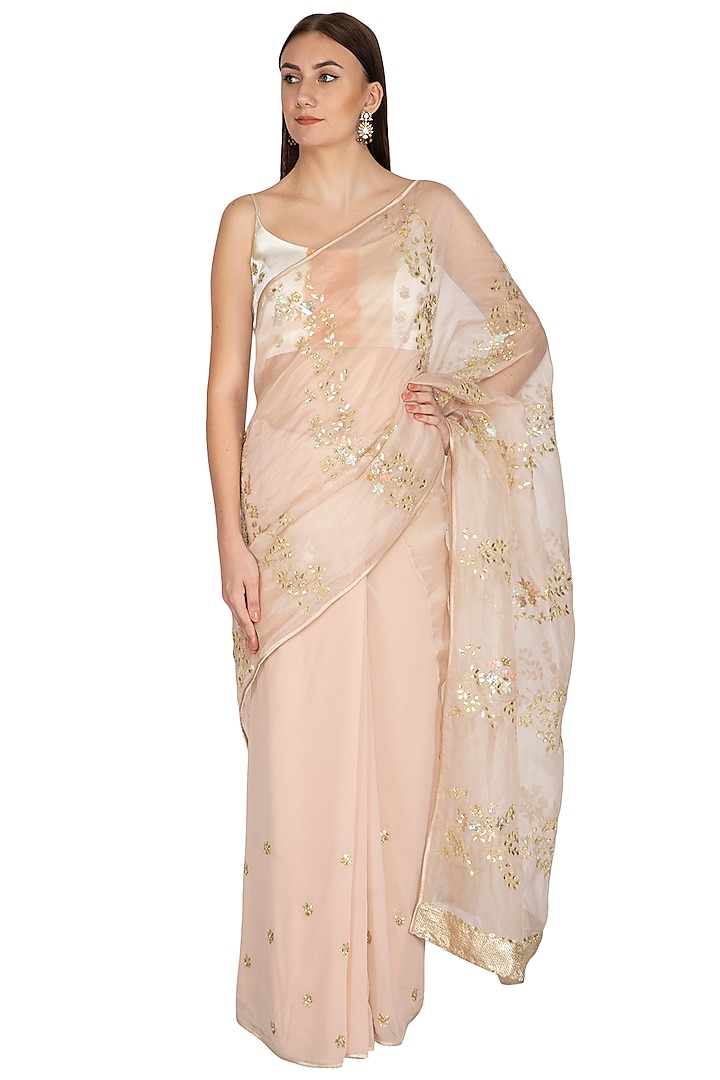 Apricot Blush Pink Embroidered Saree Set by Devnaagri