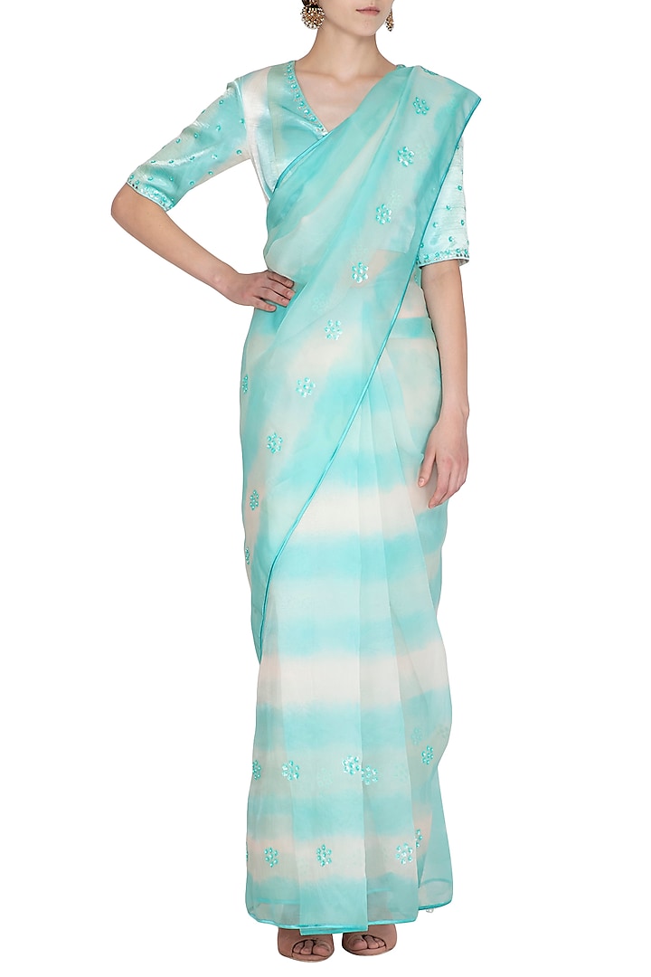 Sky Blue Printed & Embroidered Saree Set by Devnaagri