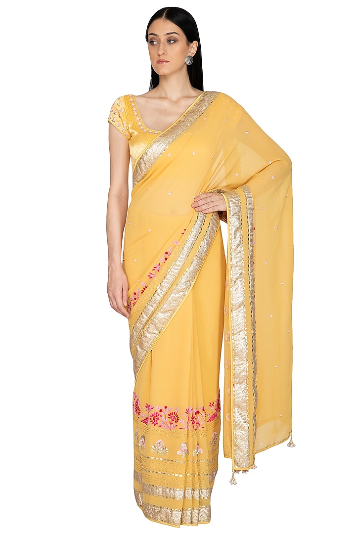 Yellow Embroidered Saree Set by Devnaagri