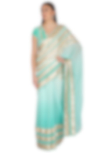 Aqua Blue Shaded Ombre Embroidered Saree Set by Devnaagri