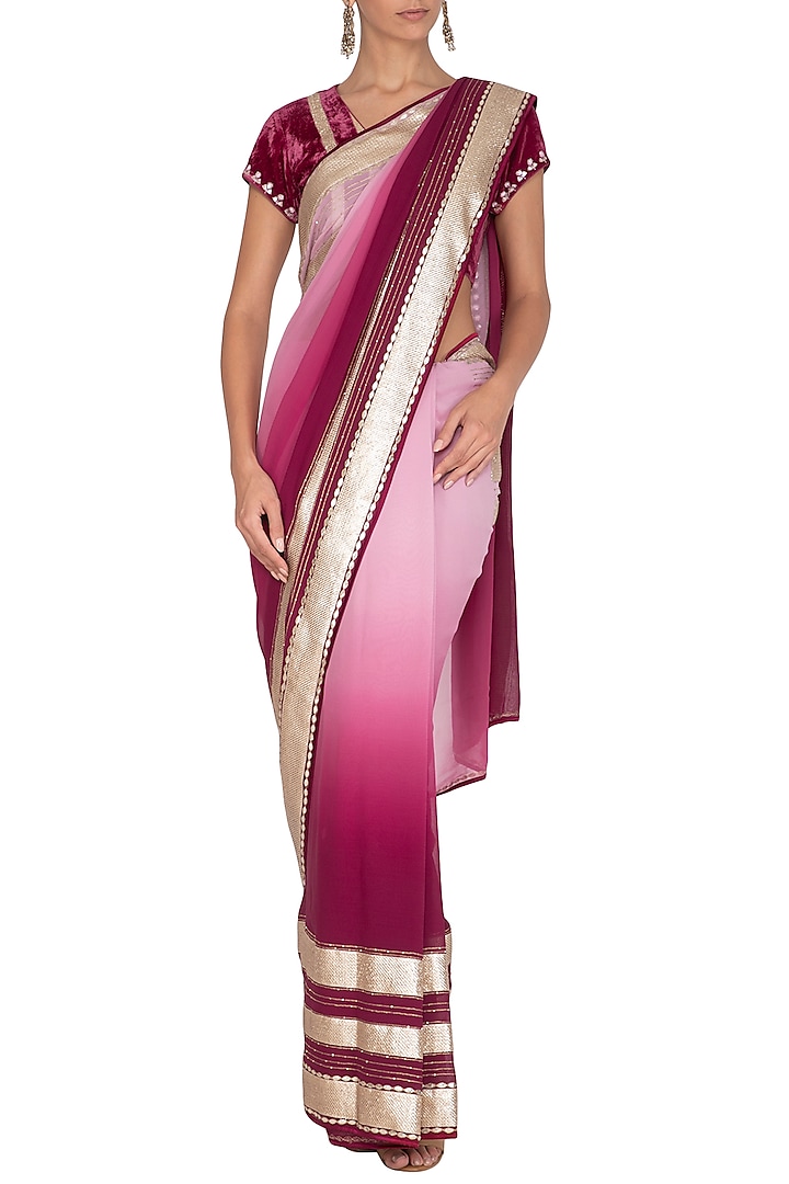 Red Plum Ombre Shaded Embroidered Saree Set by Devnaagri