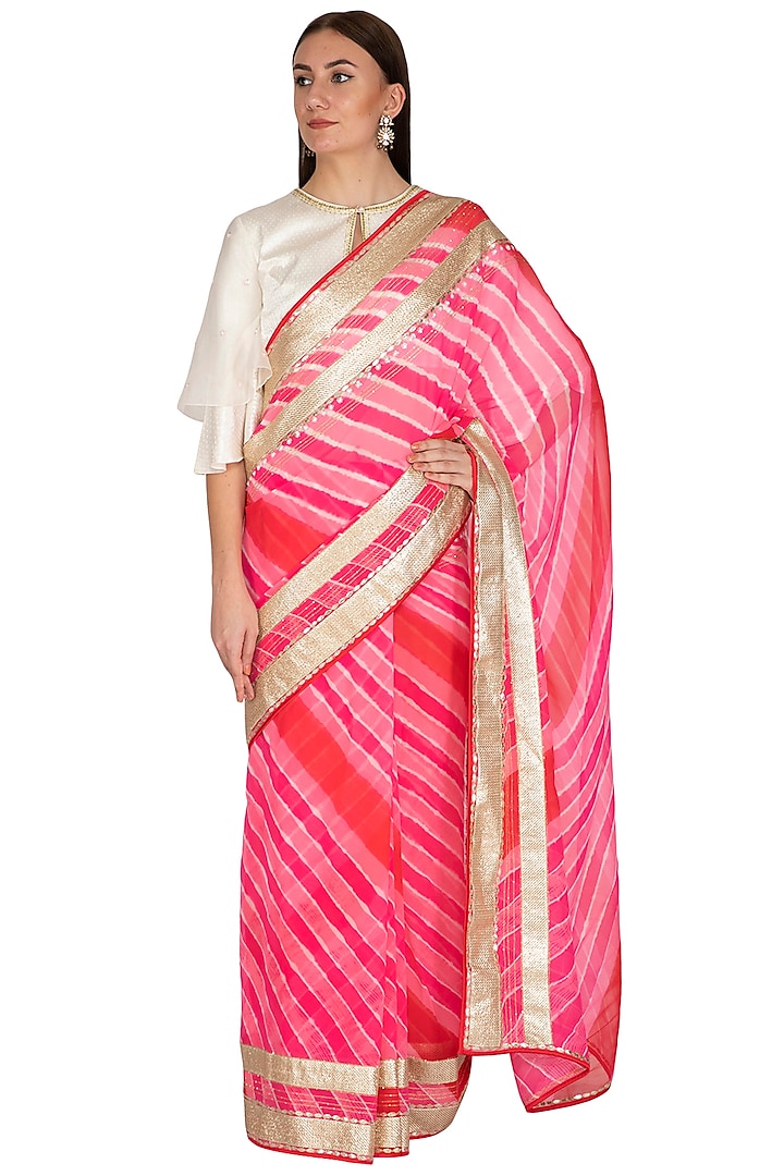Fuchsia Leheriya Embroidered Saree Set by Devnaagri