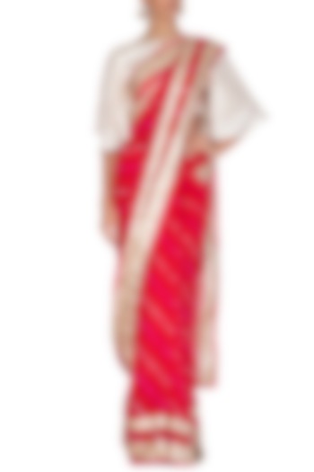 Red & Ivory Leheriya Embroidered Saree Set by Devnaagri