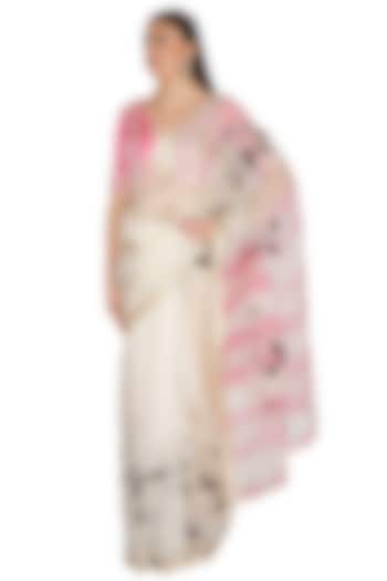 Ivory & Pink Organza Tie-Dye Hand Painted & Embroidered Saree Set by Devnaagri