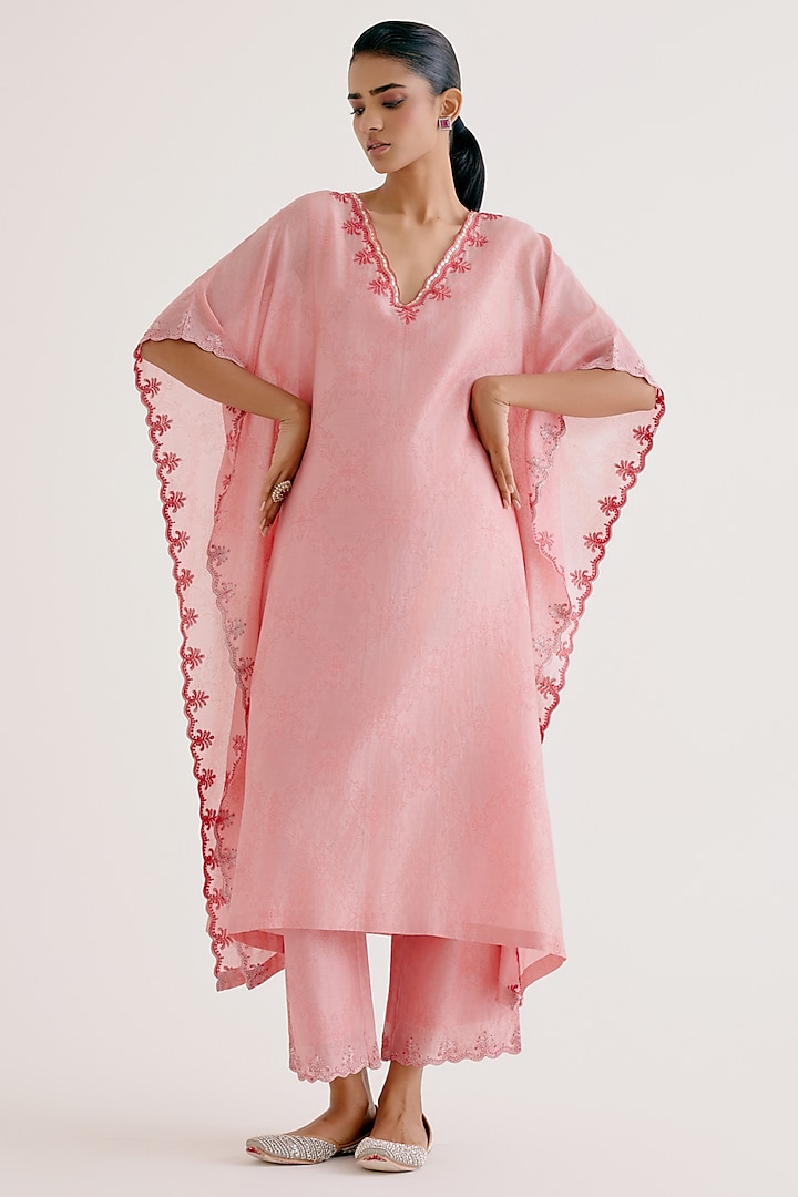 Blush Pink Silk Chanderi Dori Embroidered Kaftan Set by Devnaagri at Pernia's Pop Up Shop