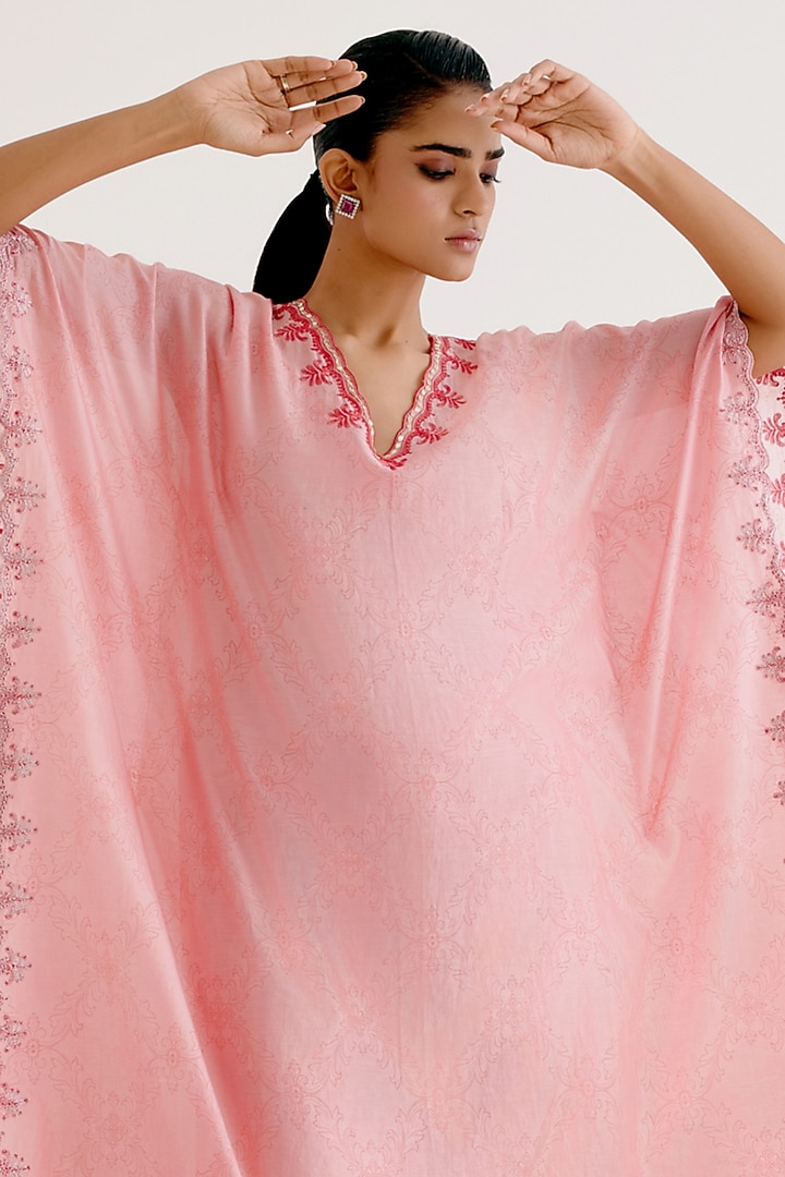 Blush Pink Silk Chanderi Dori Embroidered Kaftan Set by Devnaagri at Pernia's Pop Up Shop