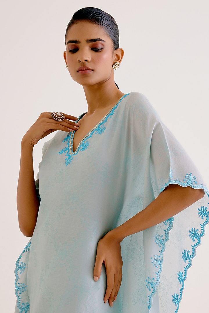 Sky Blue Silk Chanderi Dori Embroidered Kaftan Set by Devnaagri at Pernia's Pop Up Shop