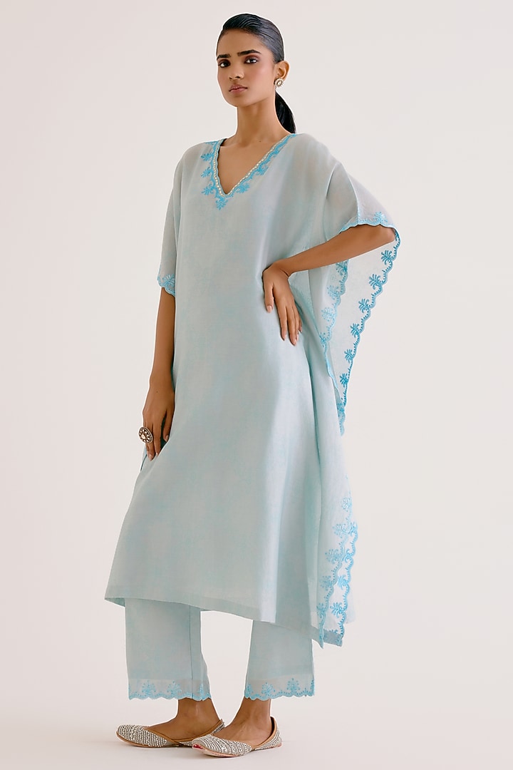 Sky Blue Silk Chanderi Dori Embroidered Kaftan Set by Devnaagri at Pernia's Pop Up Shop
