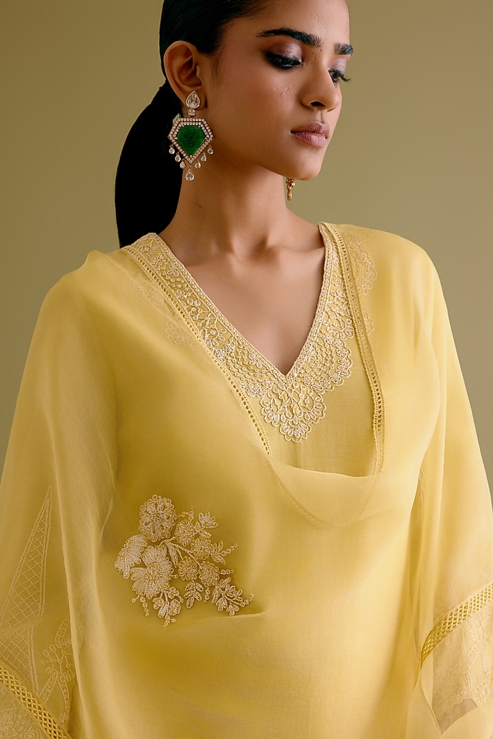 Yellow Silk Chanderi Dori Embroidered & Printed Kurta Set by Devnaagri at Pernia's Pop Up Shop