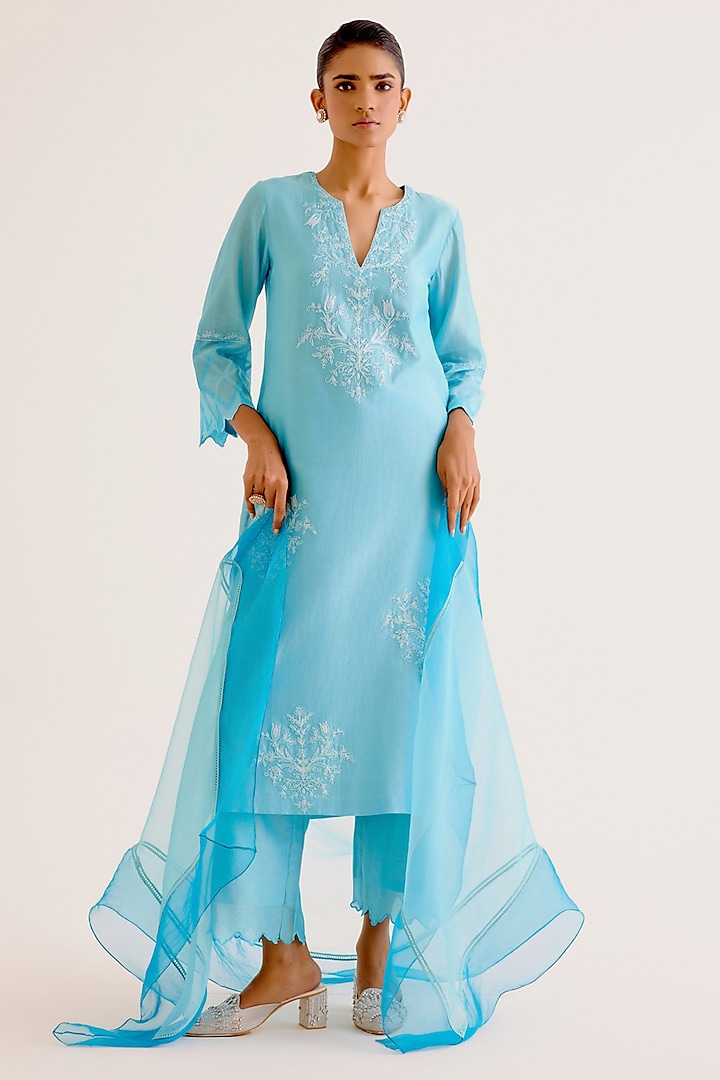 Turquoise Blue Silk Chanderi Dori Embroidered Kurta Set by Devnaagri at Pernia's Pop Up Shop