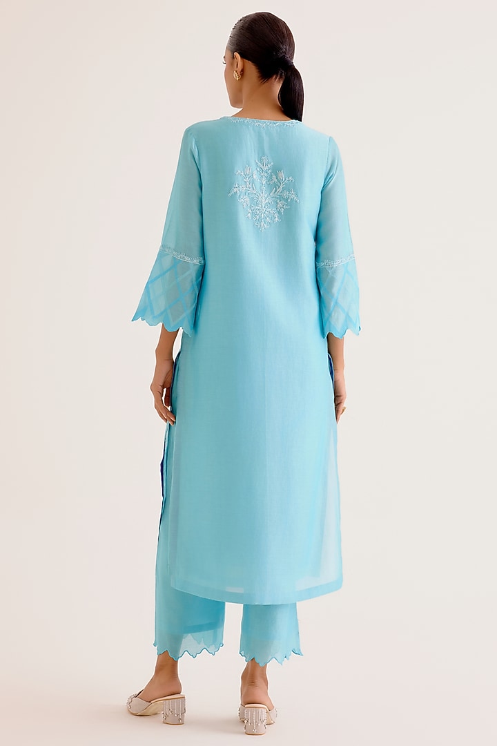 Turquoise Blue Silk Chanderi Dori Embroidered Kurta Set by Devnaagri at Pernia's Pop Up Shop