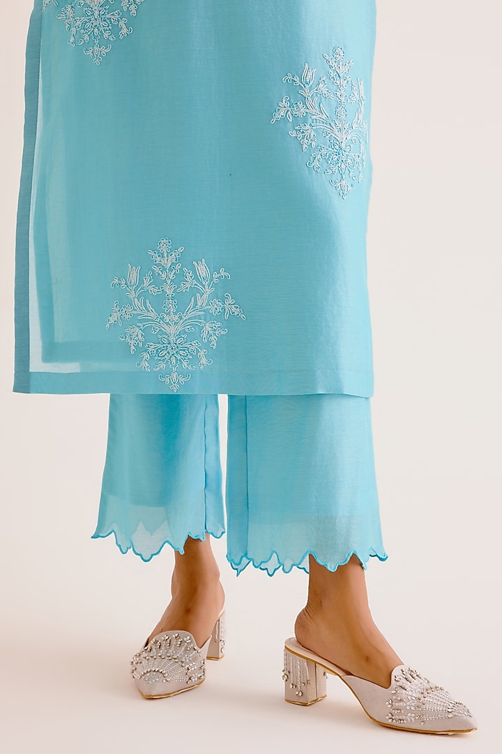 Turquoise Blue Silk Chanderi Dori Embroidered Kurta Set by Devnaagri at Pernia's Pop Up Shop