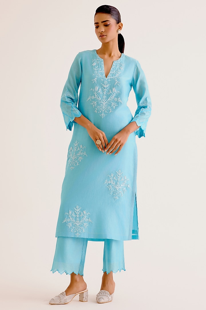 Turquoise Blue Silk Chanderi Dori Embroidered Kurta Set by Devnaagri at Pernia's Pop Up Shop