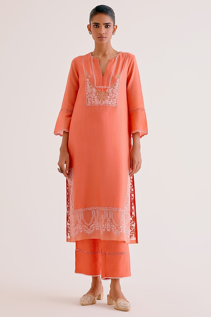 Orange Silk Chanderi Dori & Sequins Embroidered Kurta Set by Devnaagri at Pernia's Pop Up Shop