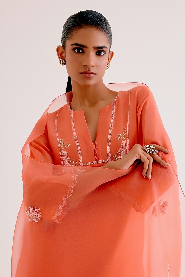 Orange Silk Chanderi Dori & Sequins Embroidered Kurta Set by Devnaagri at Pernia's Pop Up Shop