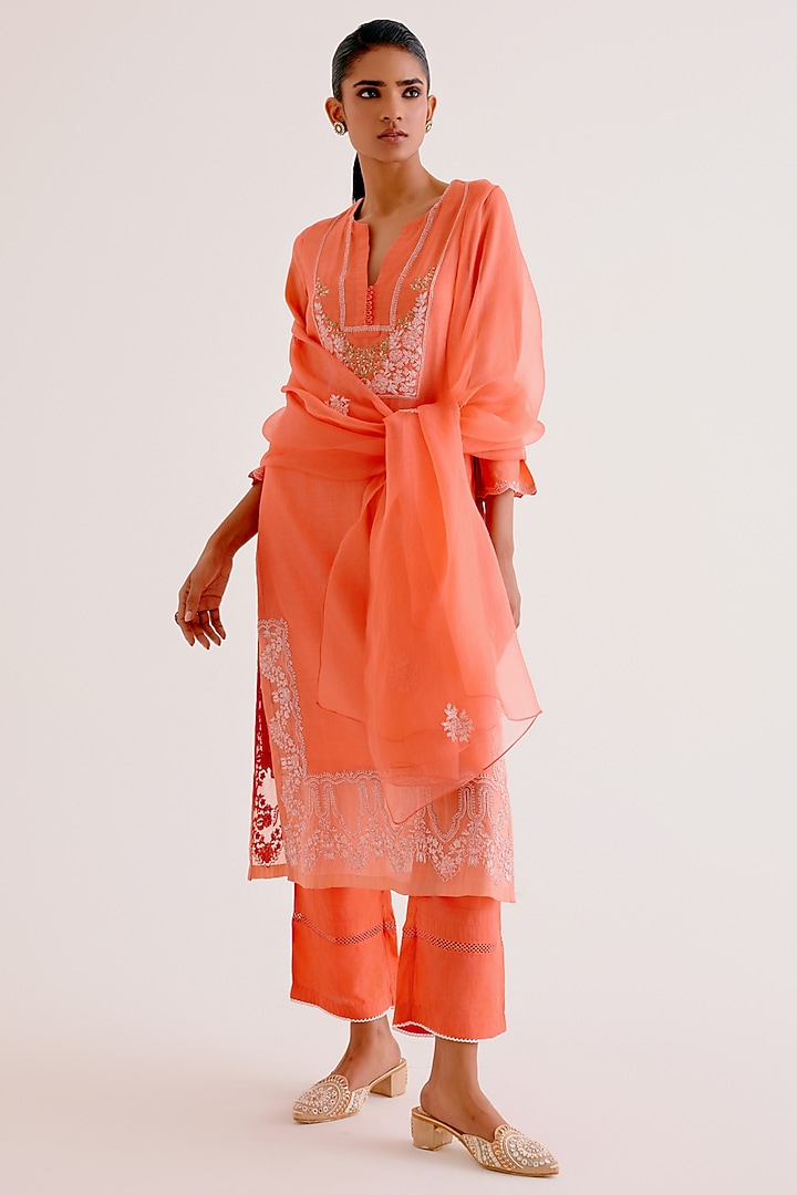 Orange Silk Chanderi Dori & Sequins Embroidered Kurta Set by Devnaagri at Pernia's Pop Up Shop