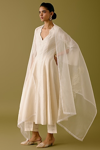 Ivory Silk Chanderi Embroidered & Printed Anarkali Set by Devnaagri