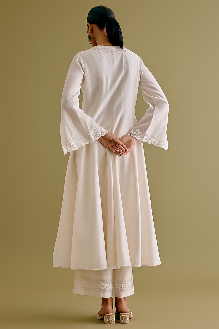 Ivory Silk Chanderi Embroidered & Printed Wedding Anarkali Set by Devnaagri at Pernia's Pop Up Shop