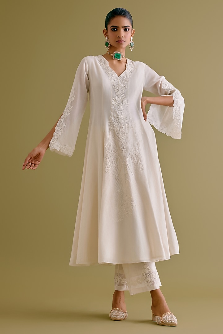 Ivory Silk Chanderi Embroidered & Printed Wedding Anarkali Set by Devnaagri at Pernia's Pop Up Shop