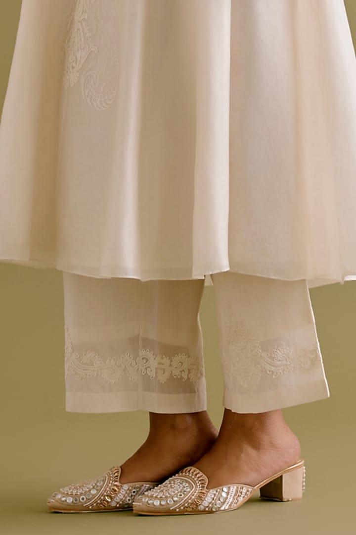 Ivory Silk Chanderi Embroidered & Printed Wedding Anarkali Set by Devnaagri at Pernia's Pop Up Shop