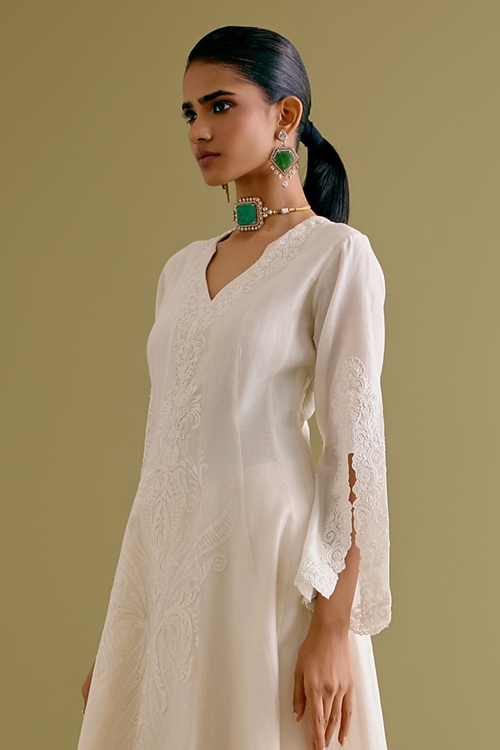 Ivory Silk Chanderi Embroidered & Printed Wedding Anarkali Set by Devnaagri at Pernia's Pop Up Shop