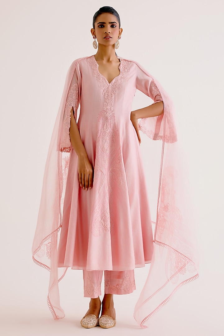 Blush Pink Silk Chanderi Embroidered & Printed Anarkali Set by Devnaagri at Pernia's Pop Up Shop