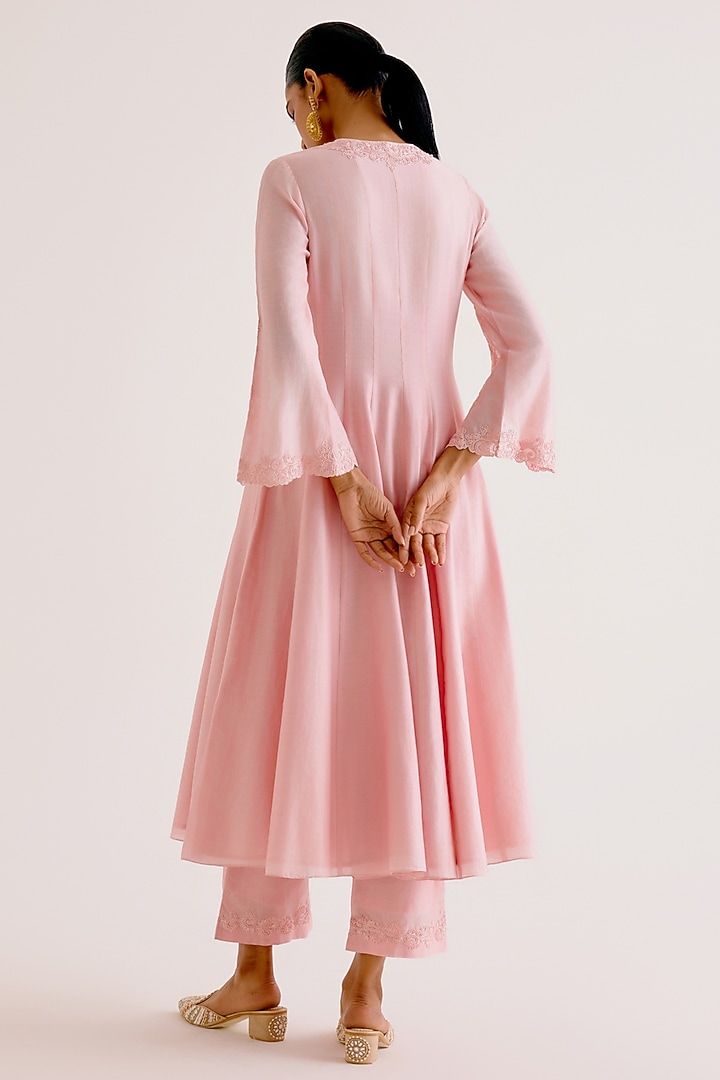 Blush Pink Silk Chanderi Embroidered & Printed Wedding Anarkali Set by Devnaagri at Pernia's Pop Up Shop