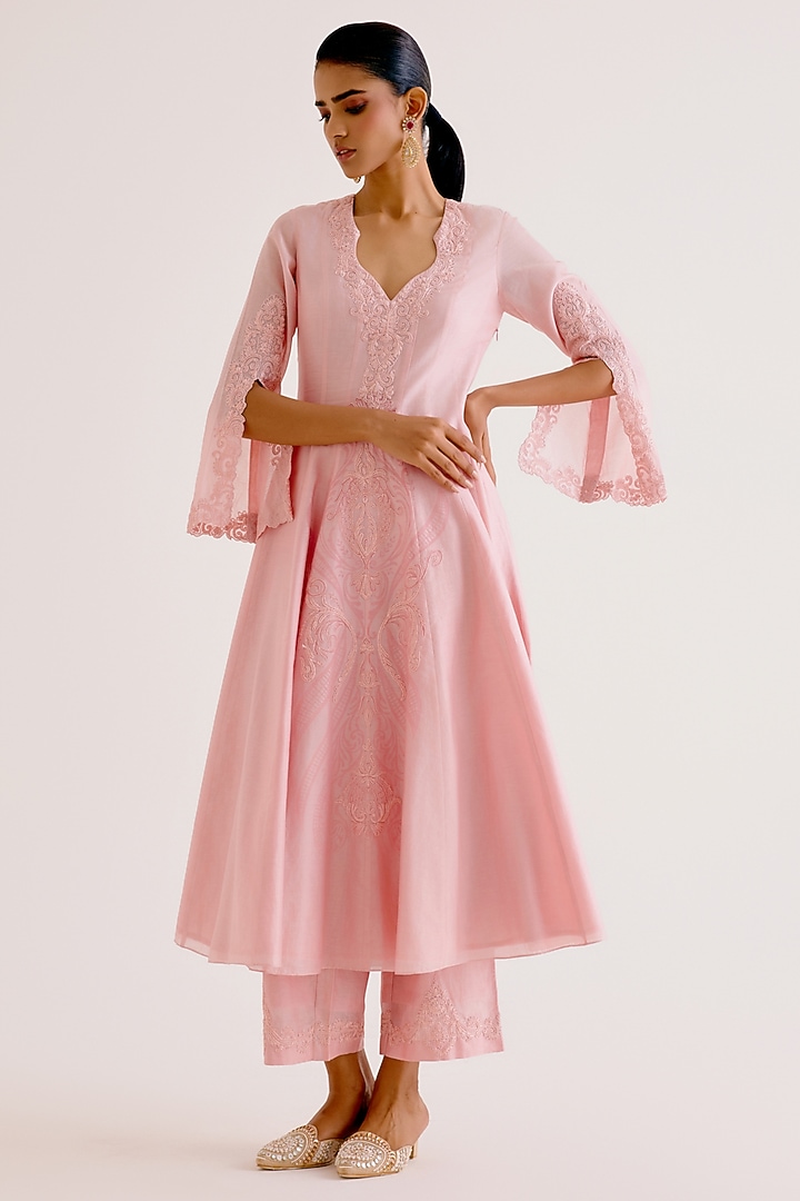 Blush Pink Silk Chanderi Embroidered & Printed Wedding Anarkali Set by Devnaagri at Pernia's Pop Up Shop