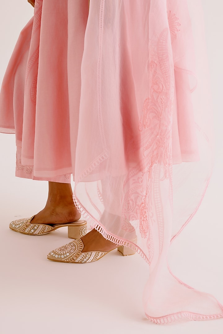 Blush Pink Silk Chanderi Embroidered & Printed Wedding Anarkali Set by Devnaagri at Pernia's Pop Up Shop