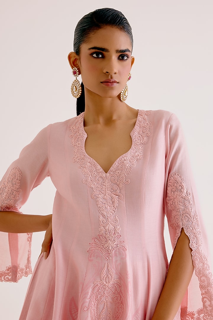 Blush Pink Silk Chanderi Embroidered & Printed Wedding Anarkali Set by Devnaagri at Pernia's Pop Up Shop