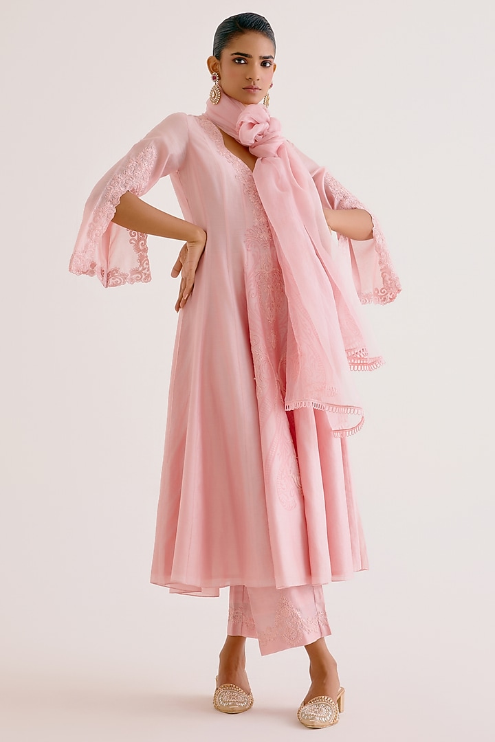 Blush Pink Silk Chanderi Embroidered & Printed Wedding Anarkali Set by Devnaagri at Pernia's Pop Up Shop