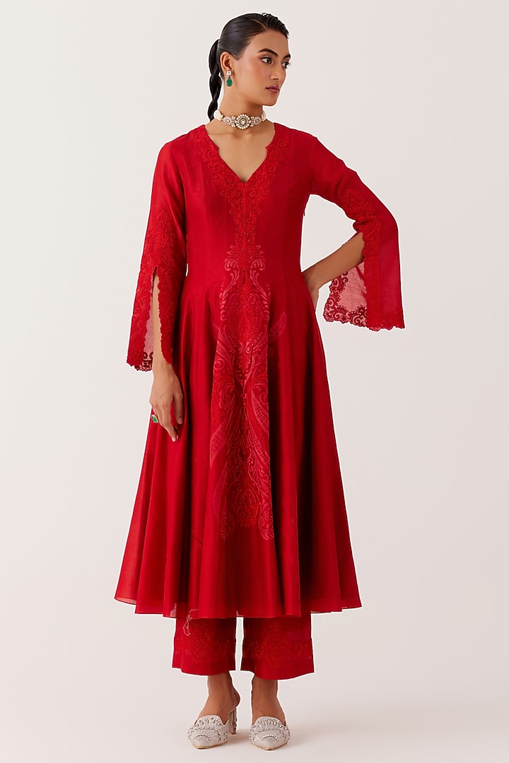 Red Silk Chanderi Embroidered & Printed Wedding Anarkali Set by Devnaagri at Pernia's Pop Up Shop